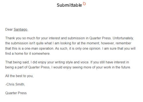 A sweet rejection from Quarter Press 